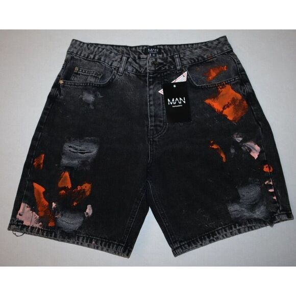 boohoo MAN MZZ89105 Men's Sz 32 Charcoal Relaxed Fit Painted Denim Shorts - Picture 1 of 5